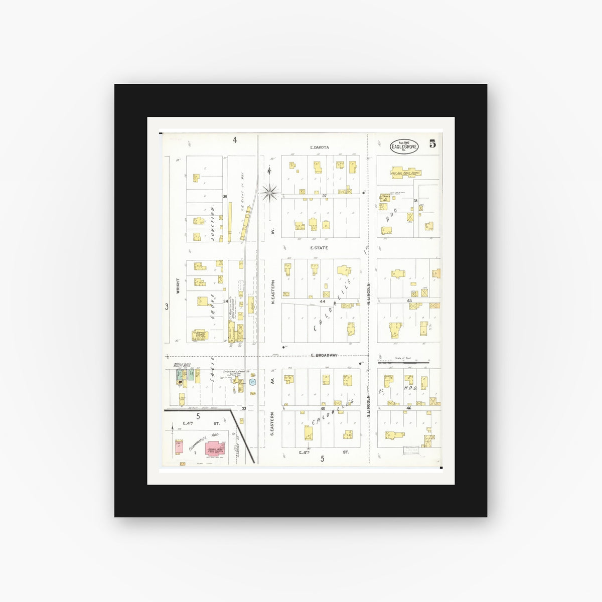 Old map wall art mockup — black gallery frame with white mat — Sanborn Fire Insurance Map from Eagle Grove, Wright County, Iowa (1900), Sheet #0005