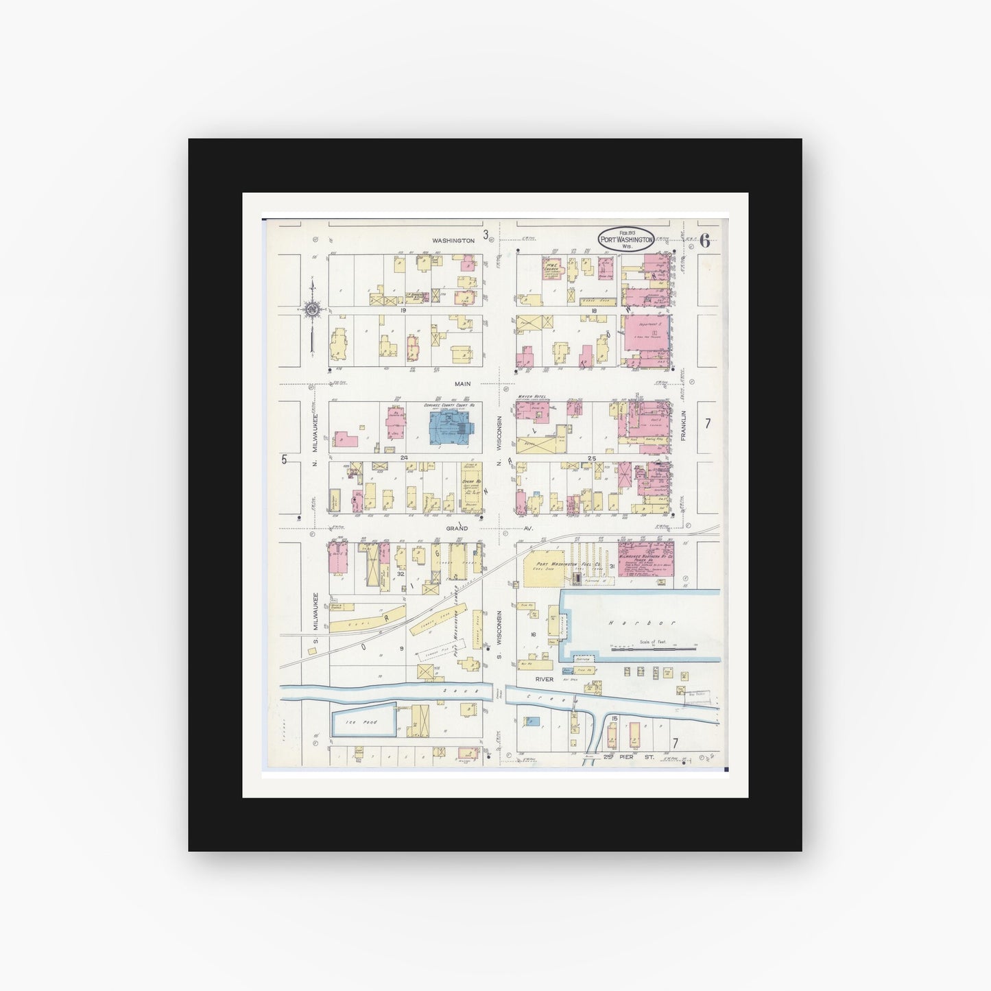 Old map wall art mockup — black gallery frame with white mat — Sanborn Fire Insurance Map from Port Washington, Ozaukee County, Wisconsin (1913), Sheet #0006