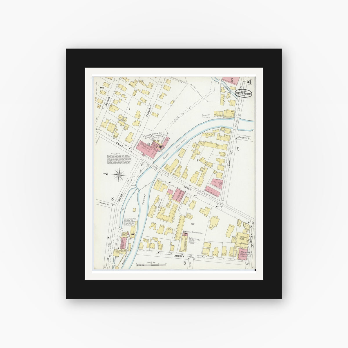 Old map wall art mockup — black gallery frame with white mat — Sanborn Fire Insurance Map from North Adams, Berkshire County, Massachusetts (1897), Sheet #0004