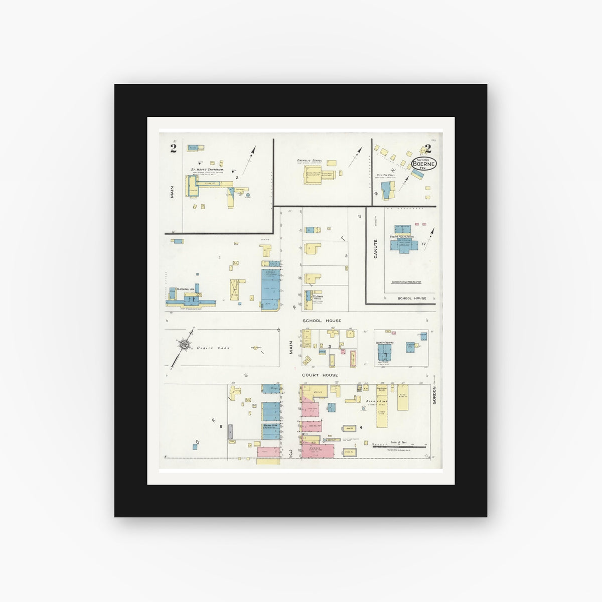 Old map wall art mockup — black gallery frame with white mat — Sanborn Fire Insurance Map from Boerne, Kendall County, Texas (1924), Sheet #0002