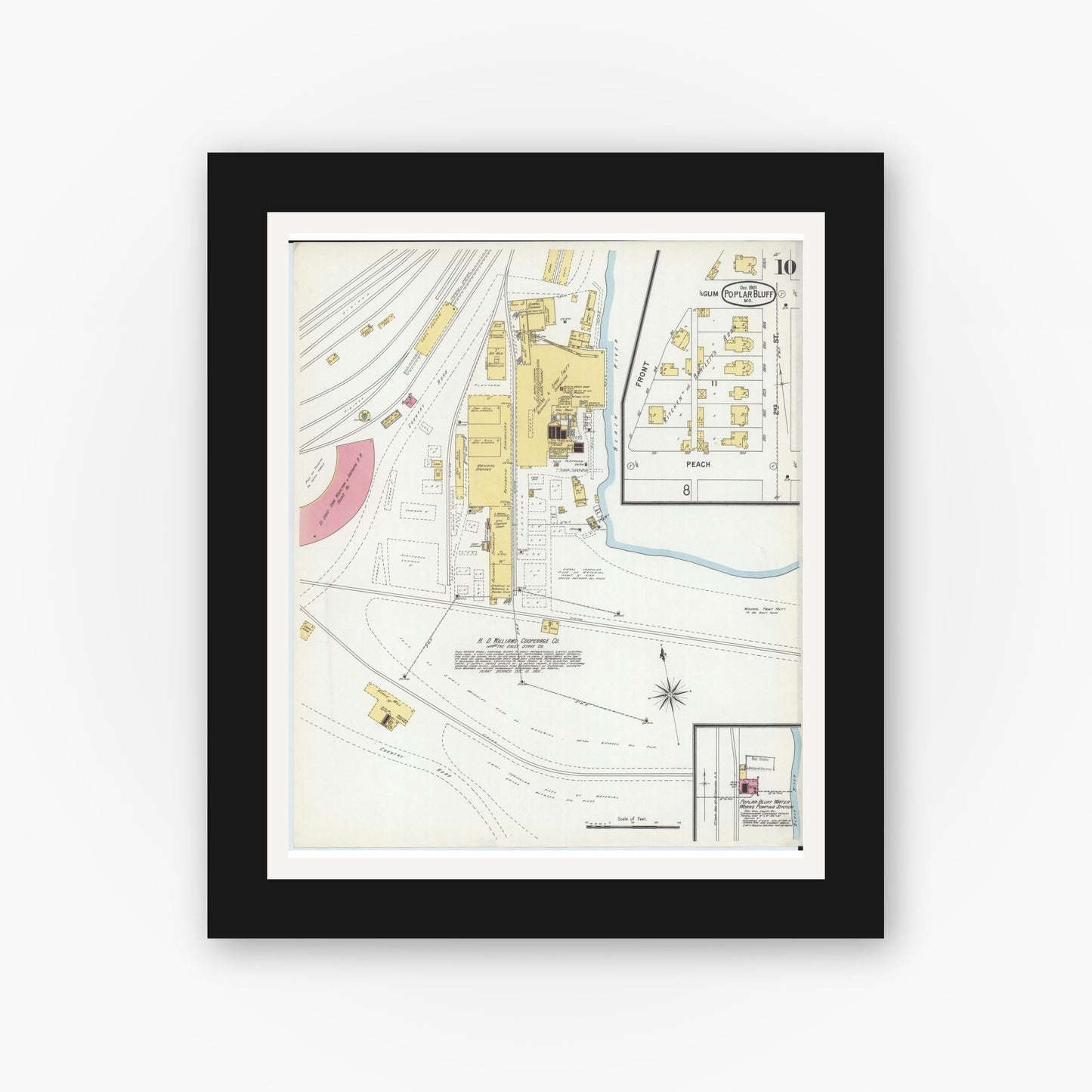 Old map wall art mockup — black gallery frame with white mat — Sanborn Fire Insurance Map from Poplar Bluff, Butler County, Missouri (1901), Sheet #0010