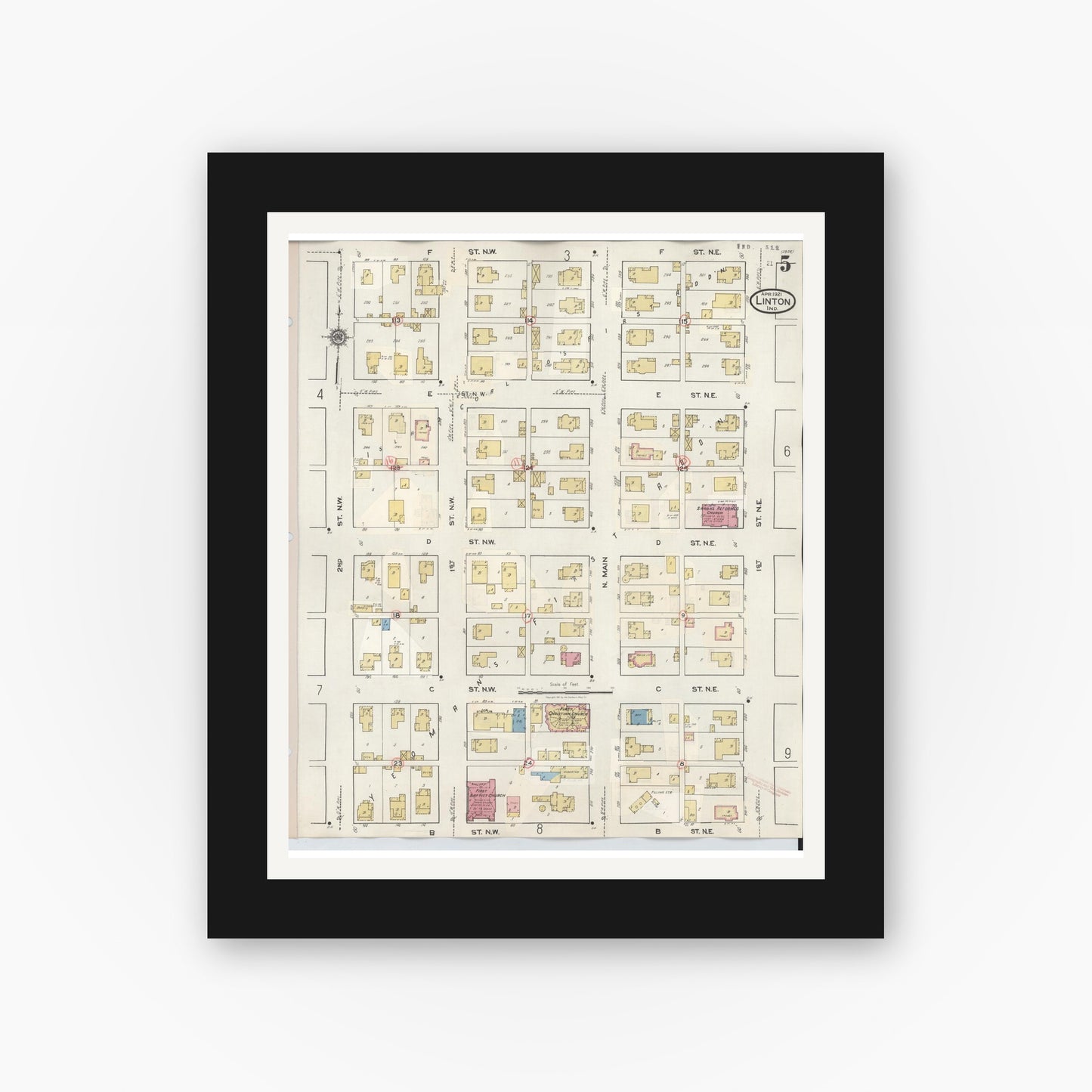 Old map wall art mockup — black gallery frame with white mat — Sanborn Fire Insurance Map from Linton, Greene County, Indiana (1948), Sheet #0005