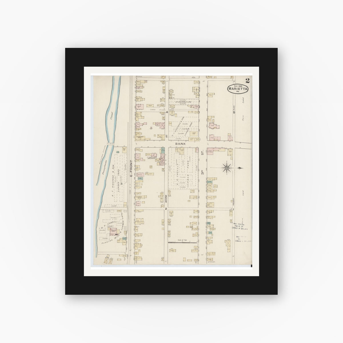 Old map wall art mockup β black gallery frame with white mat β Sanborn Fire Insurance Map from Marietta, Lancaster County, Pennsylvania (1886), Sheet #0002