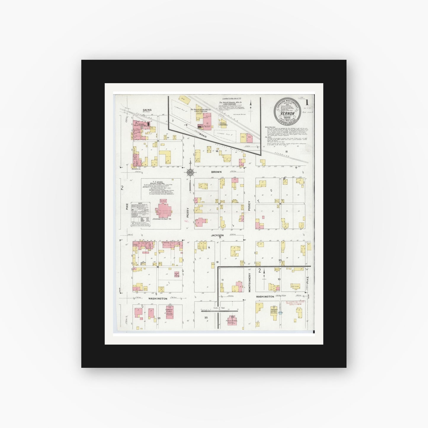 Old map wall art mockup — black gallery frame with white mat — Sanborn Fire Insurance Map from Vernon, Jennings County, Indiana (1911) - Complete Map Set