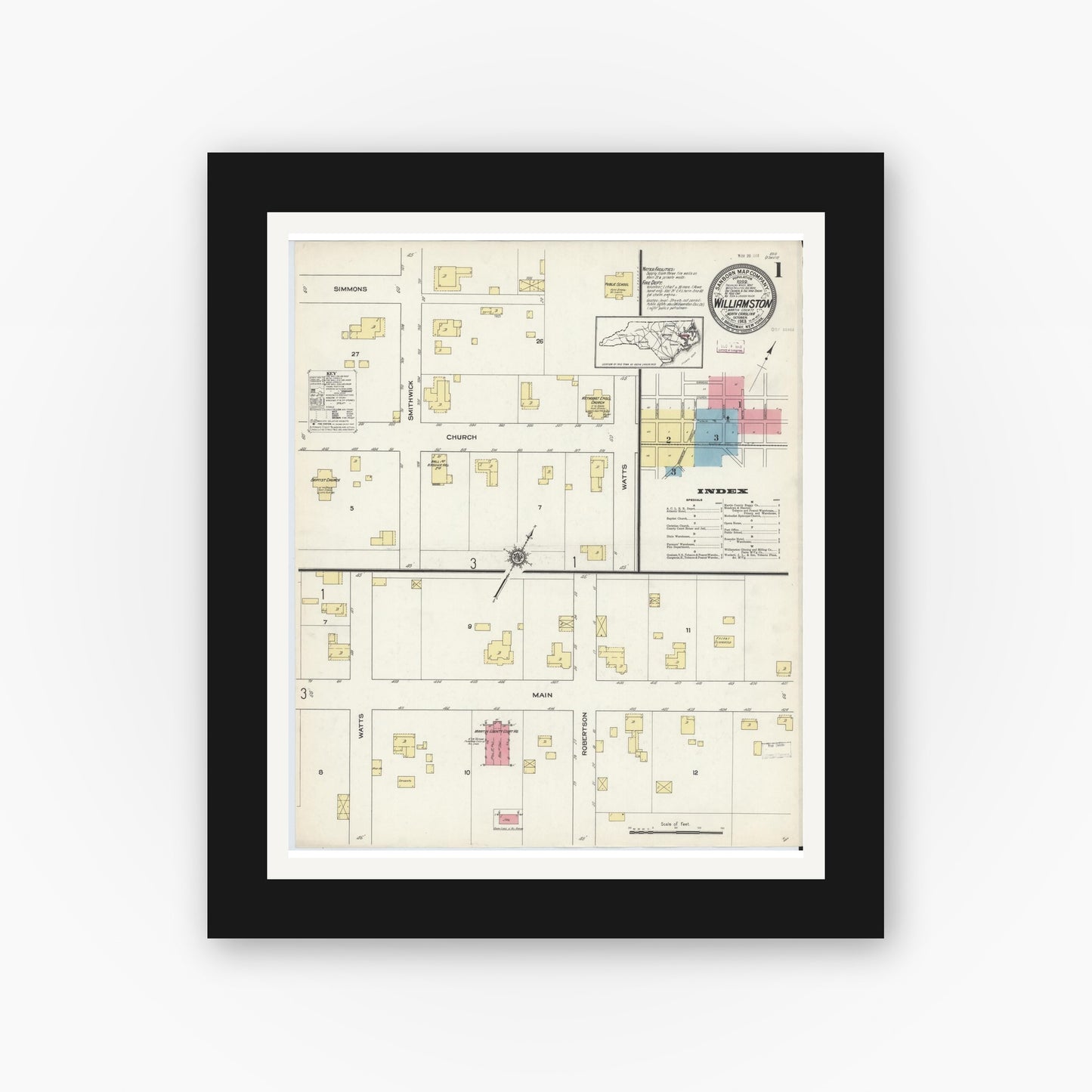 Old map wall art mockup — black gallery frame with white mat — Sanborn Fire Insurance Map from Williamston, Martin County, North Carolina (1913) - Complete Map Set