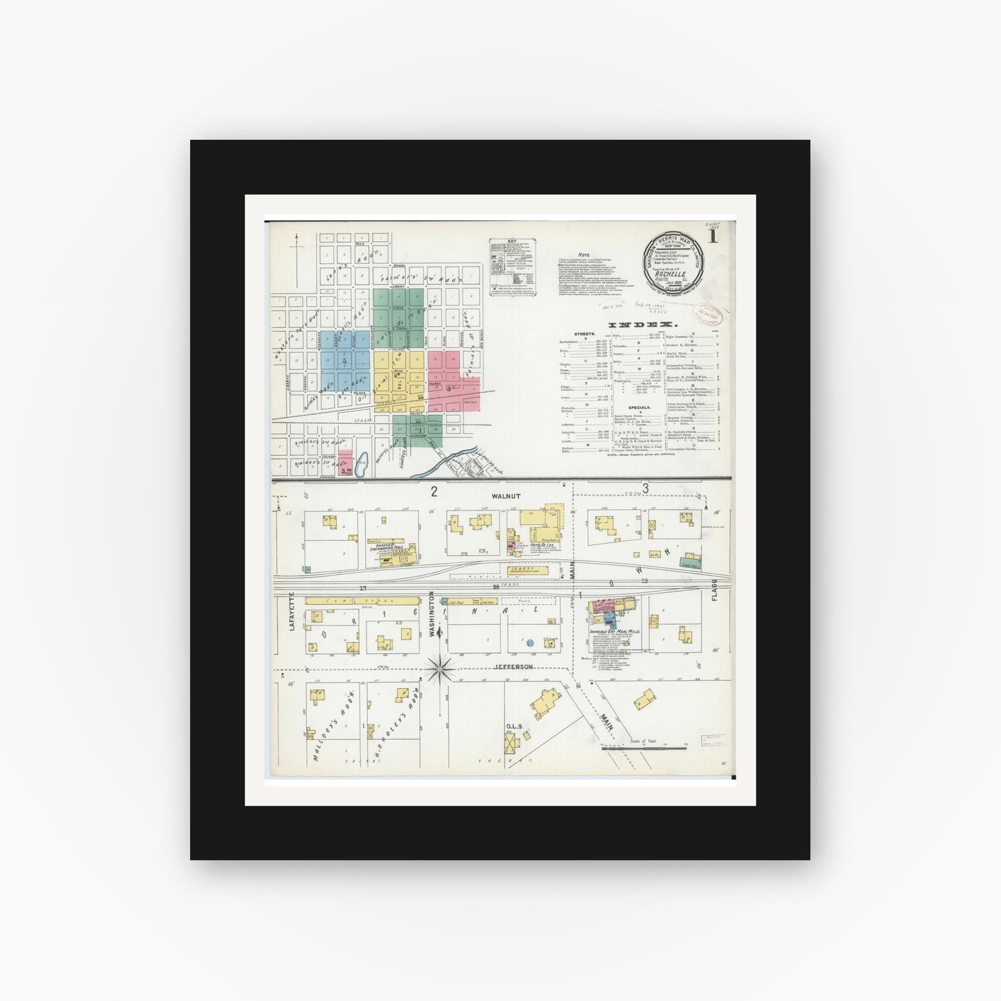 Old map wall art mockup — black gallery frame with white mat — Sanborn Fire Insurance Map from Rochelle, Ogle County, Illinois (1899) - Complete Map Set