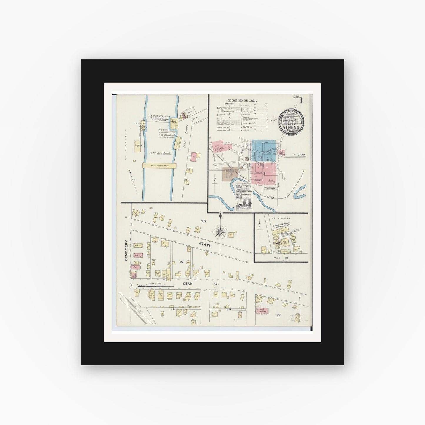 Old map wall art mockup — black gallery frame with white mat — Sanborn Fire Insurance Map from Athens, Athens County, Ohio (1890) - Complete Map Set