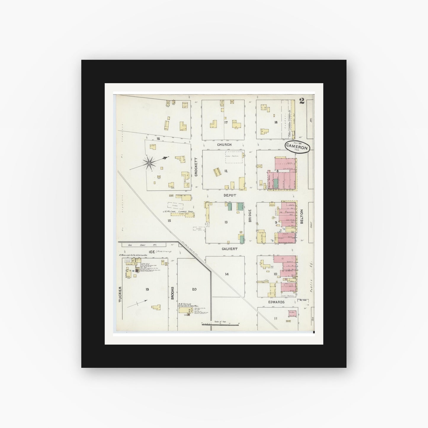 Old map wall art mockup — black gallery frame with white mat — Sanborn Fire Insurance Map from Cameron, Milam County, Texas (1891), Sheet #0002
