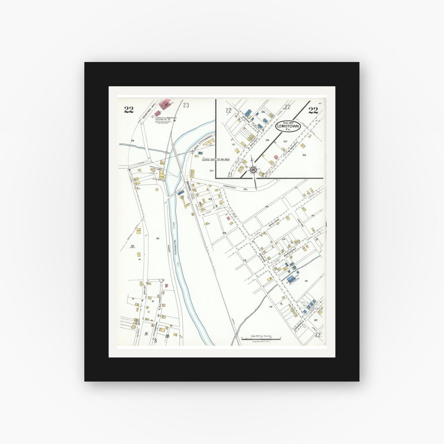 Old map wall art mockup — black gallery frame with white mat — Sanborn Fire Insurance Map from Lewistown, Mifflin County, Pennsylvania (1923), Sheet #0022