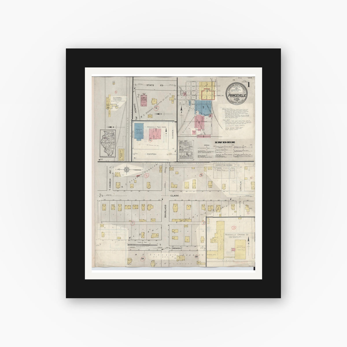 Old map wall art mockup — black gallery frame with white mat — Sanborn Fire Insurance Map from Princeville, Peoria County, Illinois (1933), Sheet #0001