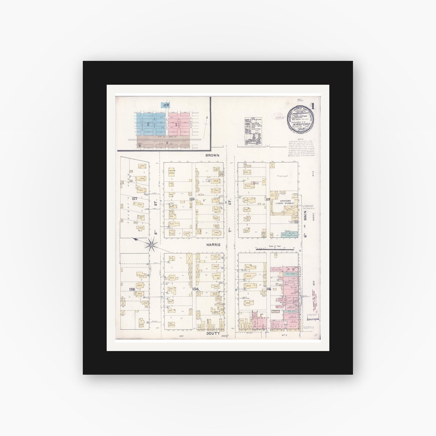 Old map wall art mockup — black gallery frame with white mat — Sanborn Fire Insurance Map from Hanford, Kings County, California (1891) - Complete Map Set