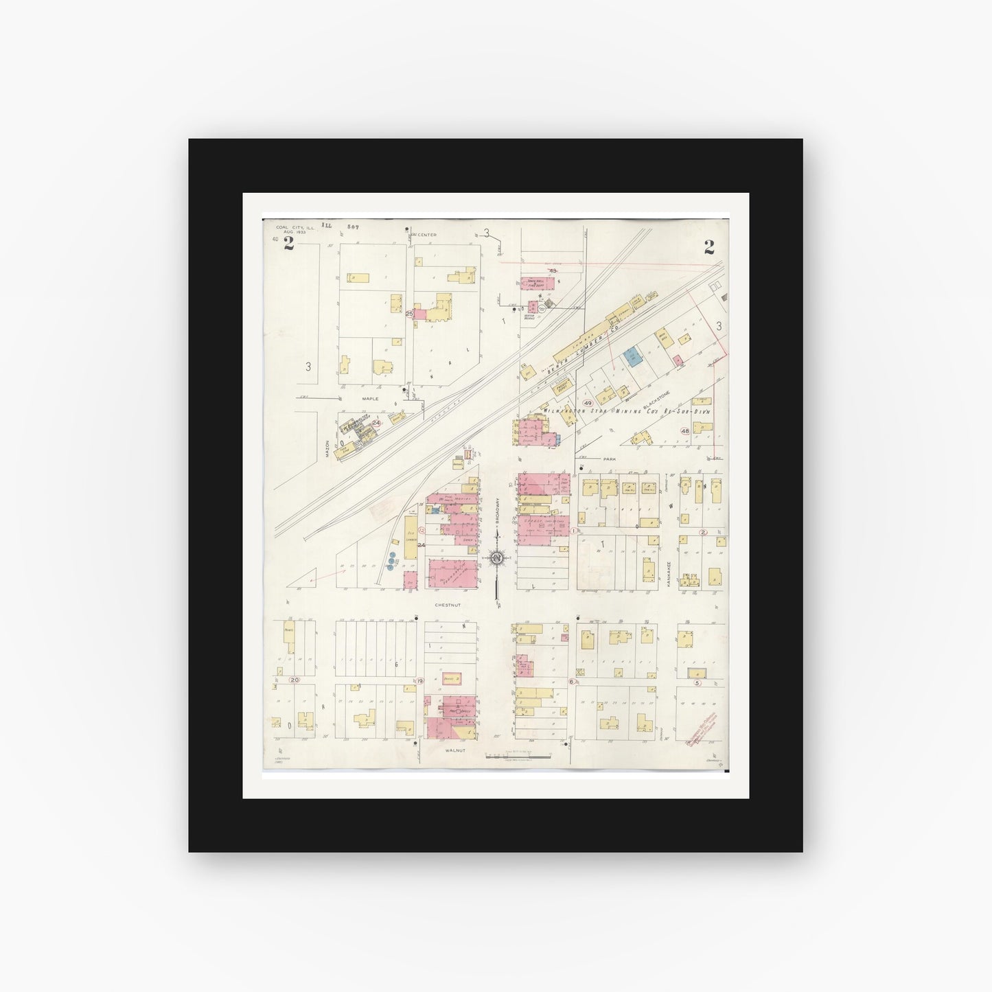 Old map wall art mockup — black gallery frame with white mat — Sanborn Fire Insurance Map from Coal City, Grundy County, Illinois (1943), Sheet #0002
