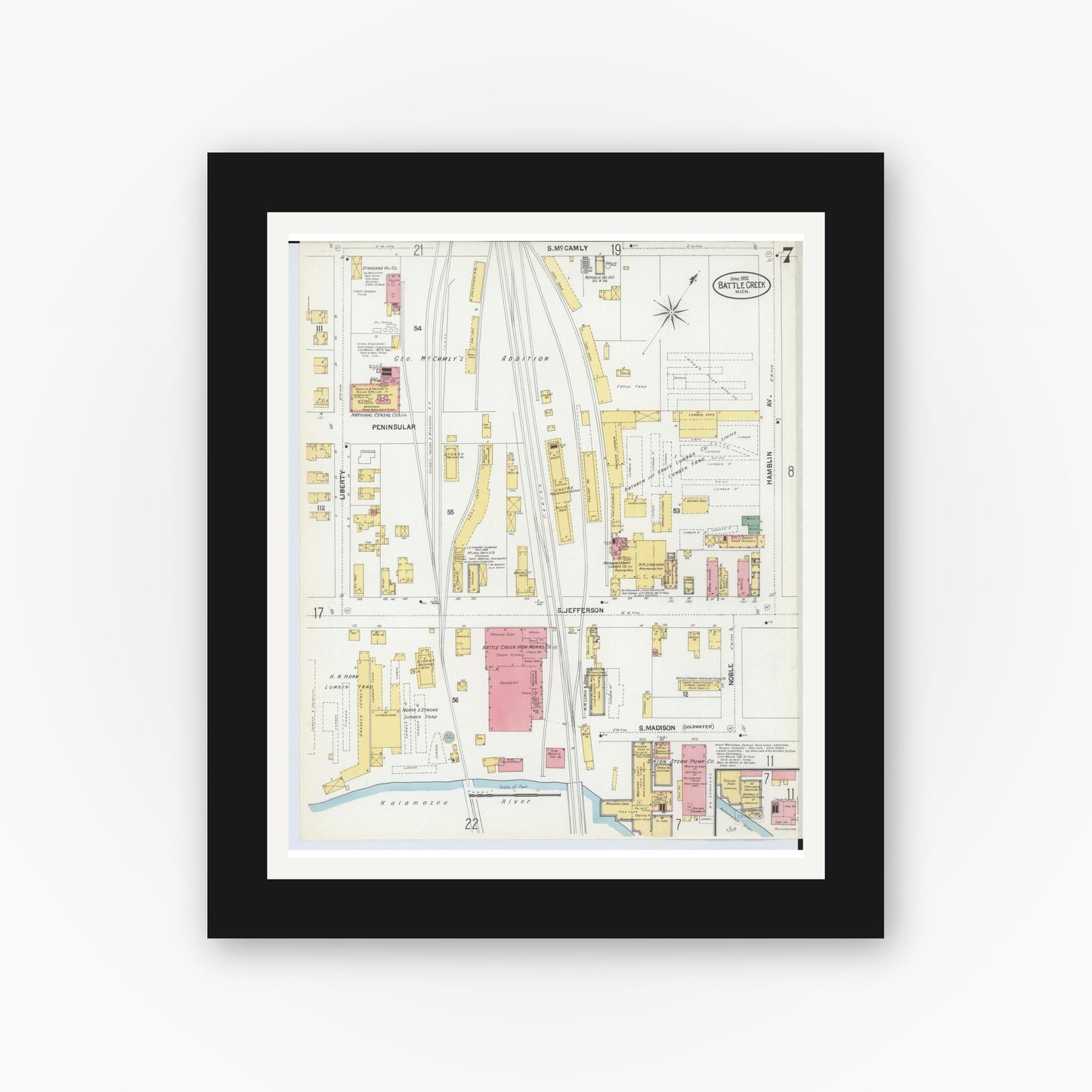 Old map wall art mockup — black gallery frame with white mat — Sanborn Fire Insurance Map from Battle Creek, Calhoun County, Michigan (1902), Sheet #0007