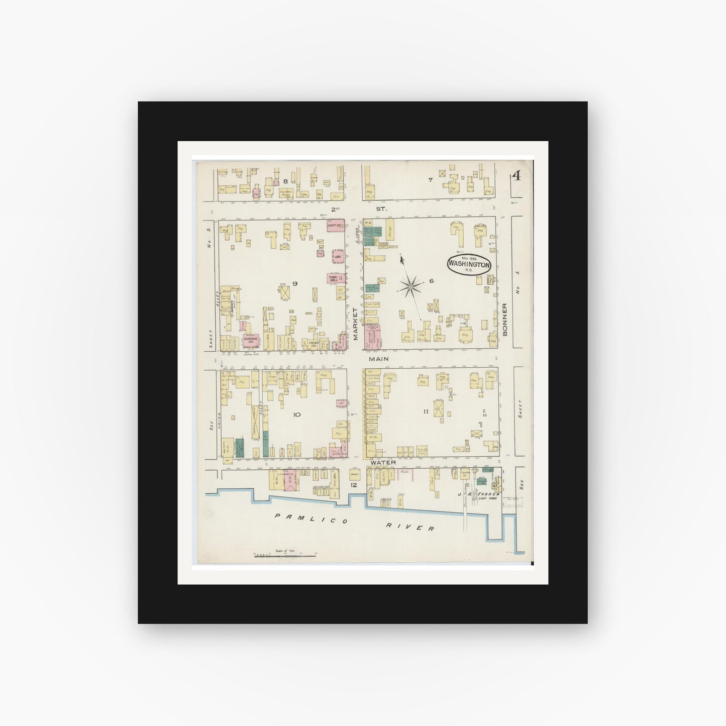 Old map wall art mockup — black gallery frame with white mat — Sanborn Fire Insurance Map from Washington, Beaufort County, North Carolina (1885), Sheet #0004
