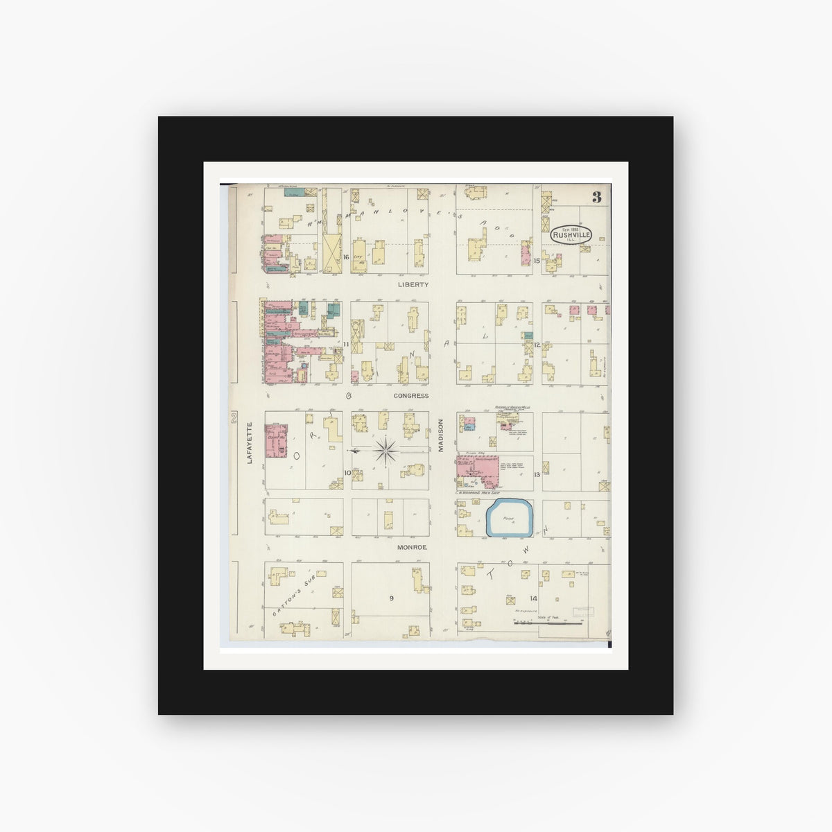 Old map wall art mockup — black gallery frame with white mat — Sanborn Fire Insurance Map from Rushville, Schuyler County, Illinois (1893), Sheet #0003