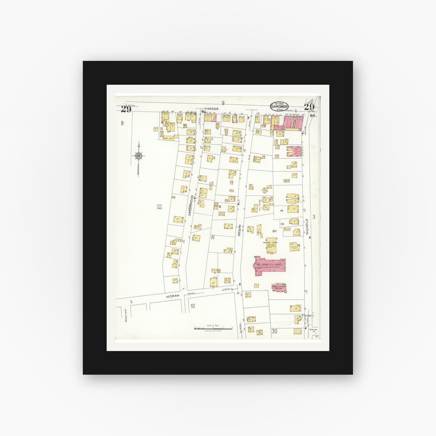 Old map wall art mockup — black gallery frame with white mat — Sanborn Fire Insurance Map from Gardner, Worcester County, Massachusetts (1923), Sheet #0029