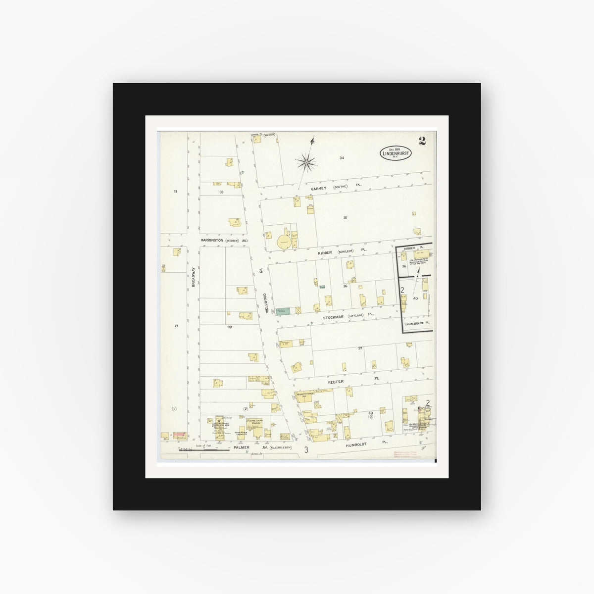 Old map wall art mockup — black gallery frame with white mat — Sanborn Fire Insurance Map from Lindenhurst, Suffolk County, New York (1908), Sheet #0002