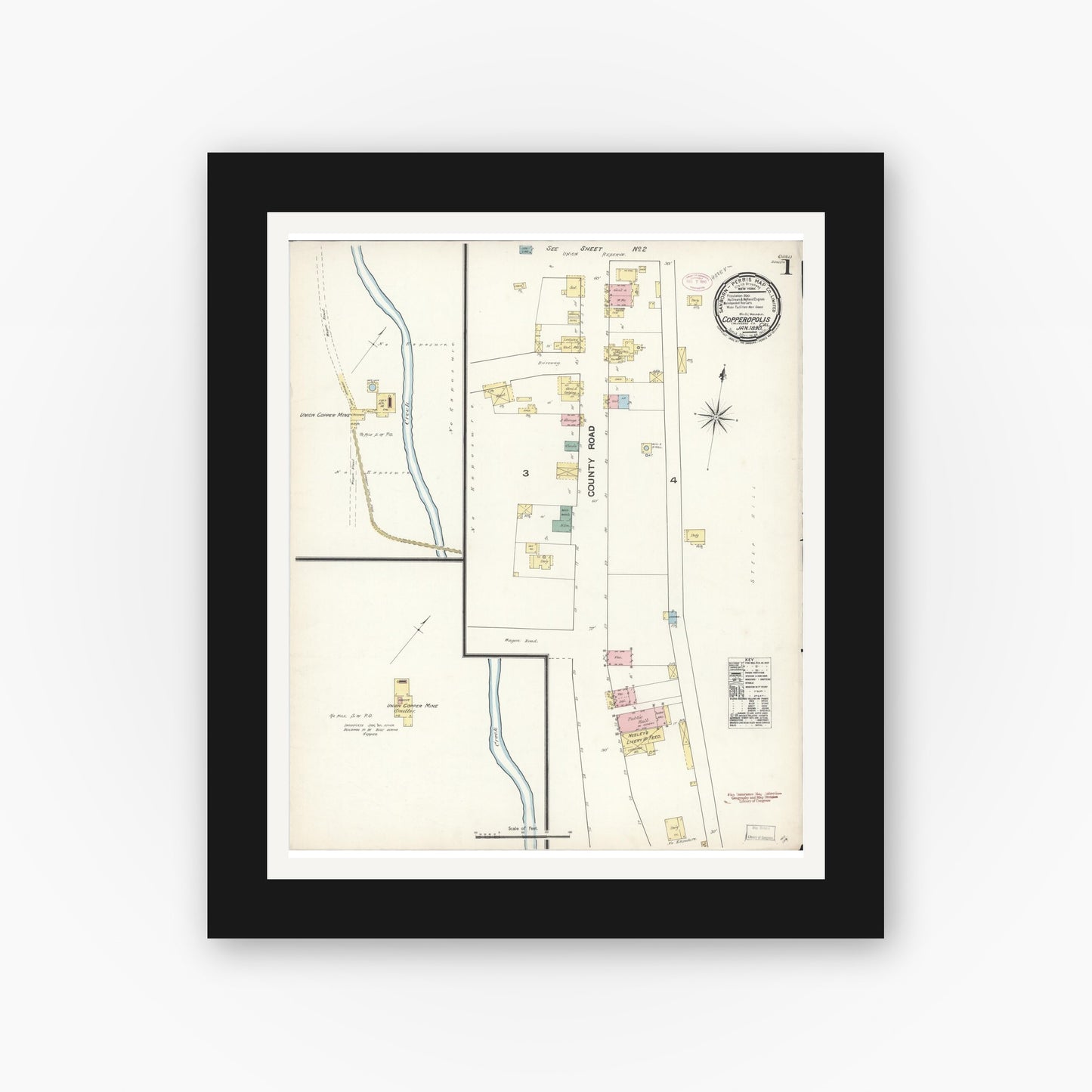 Old map wall art mockup — black gallery frame with white mat — Sanborn Fire Insurance Map from Copperopolis, Calaveras County, California (1890) - Complete Map Set