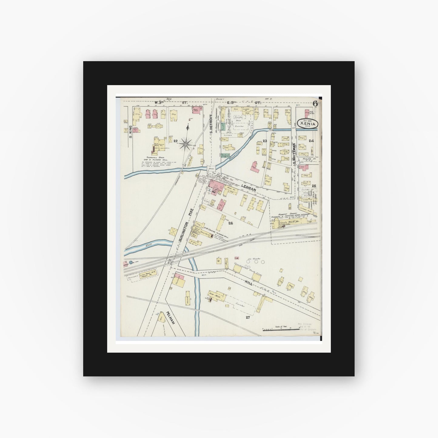 Old map wall art mockup — black gallery frame with white mat — Sanborn Fire Insurance Map from Xenia, Greene County, Ohio (1890), Sheet #0006