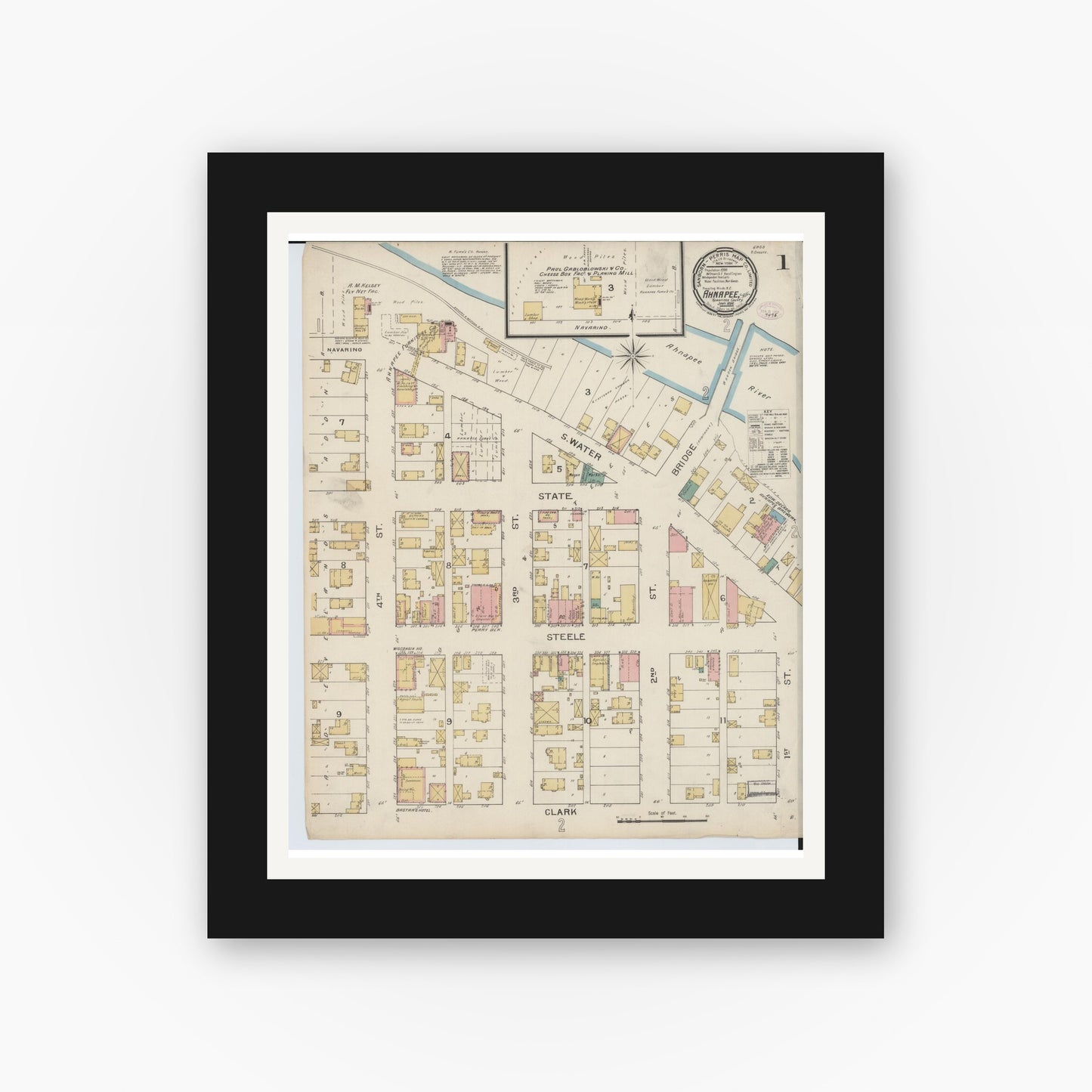 Old map wall art mockup — black gallery frame with white mat — Sanborn Fire Insurance Map from Ahnapee, Kewaunee County, Wisconsin (1894) - Complete Map Set