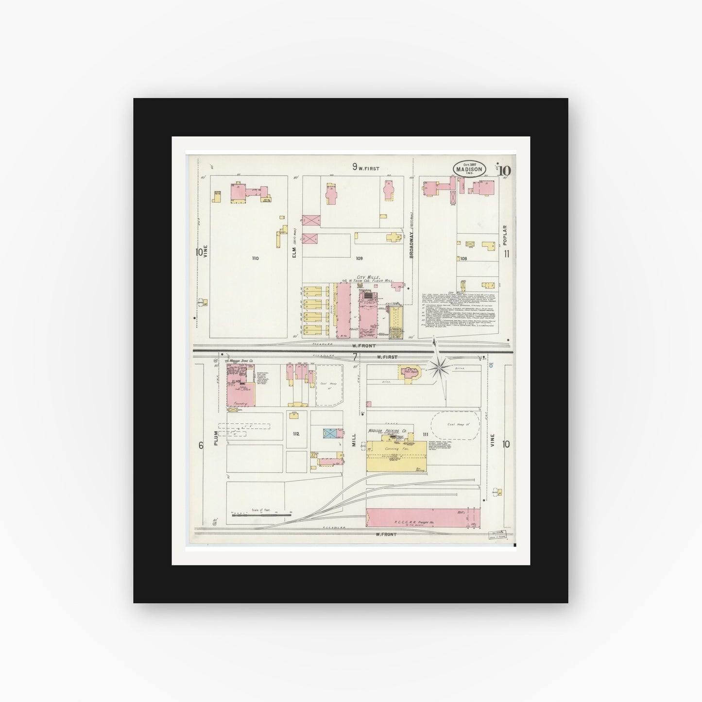 Old map wall art mockup — black gallery frame with white mat — Sanborn Fire Insurance Map from Madison, Jefferson County, Indiana (1897), Sheet #0010