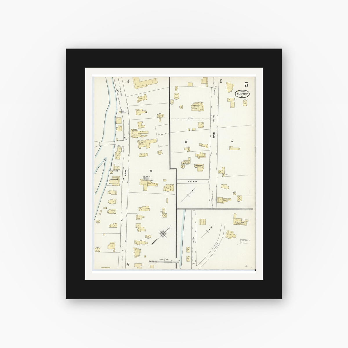 Old map wall art mockup — black gallery frame with white mat — Sanborn Fire Insurance Map from Hunter, Greene County, New York (1912), Sheet #0005