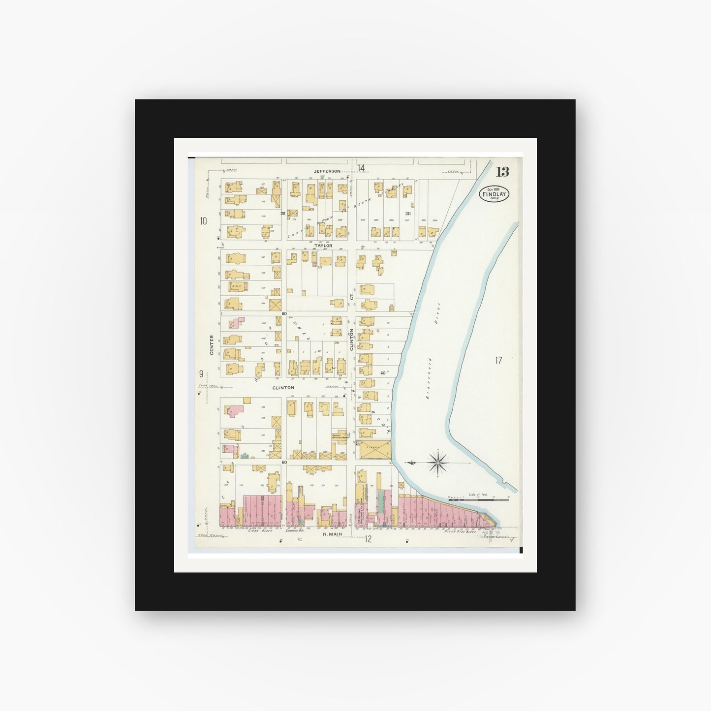 Old map wall art mockup — black gallery frame with white mat — Sanborn Fire Insurance Map from Findlay, Hancock County, Ohio (1908), Sheet #0013