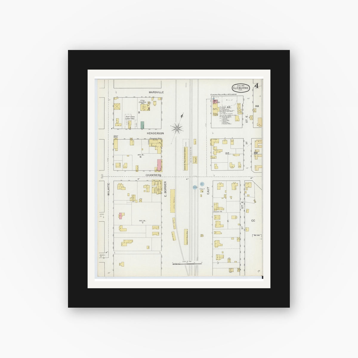 Old map wall art mockup — black gallery frame with white mat — Sanborn Fire Insurance Map from Cleburne, Johnson County, Texas (1893), Sheet #0004