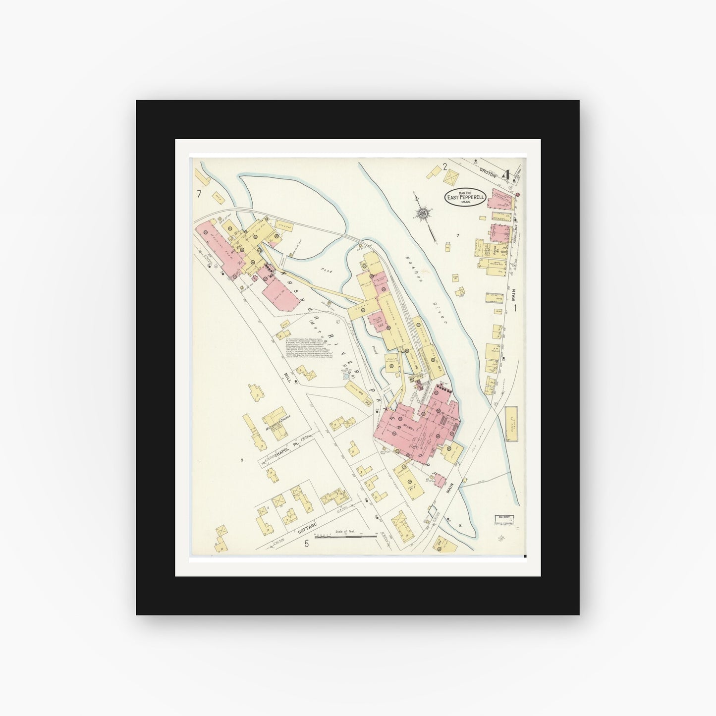 Old map wall art mockup — black gallery frame with white mat — Sanborn Fire Insurance Map from East Pepperell, Middlesex County, Massachusetts (1912), Sheet #0004