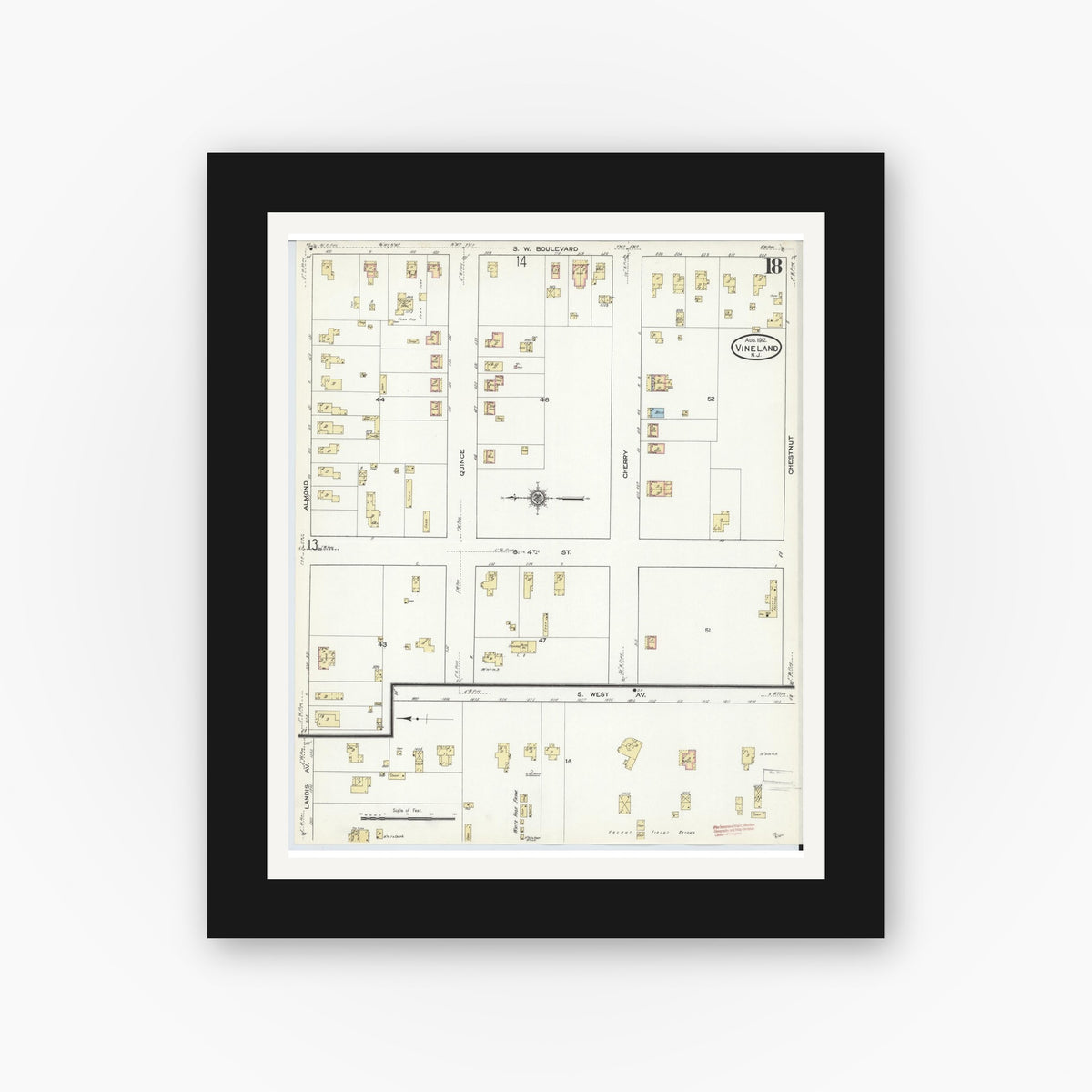 Old map wall art mockup — black gallery frame with white mat — Sanborn Fire Insurance Map from Vineland, Cumberland County, New Jersey (1912), Sheet #0018
