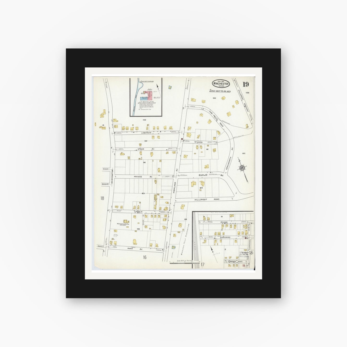 Old map wall art mockup — black gallery frame with white mat — Sanborn Fire Insurance Map from Winchester, Middlesex County, Massachusetts (1916), Sheet #0019