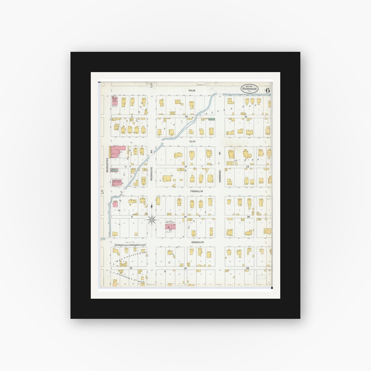 Old map wall art mockup — black gallery frame with white mat — Sanborn Fire Insurance Map from Roodhouse, Greene County, Illinois (1900), Sheet #0006