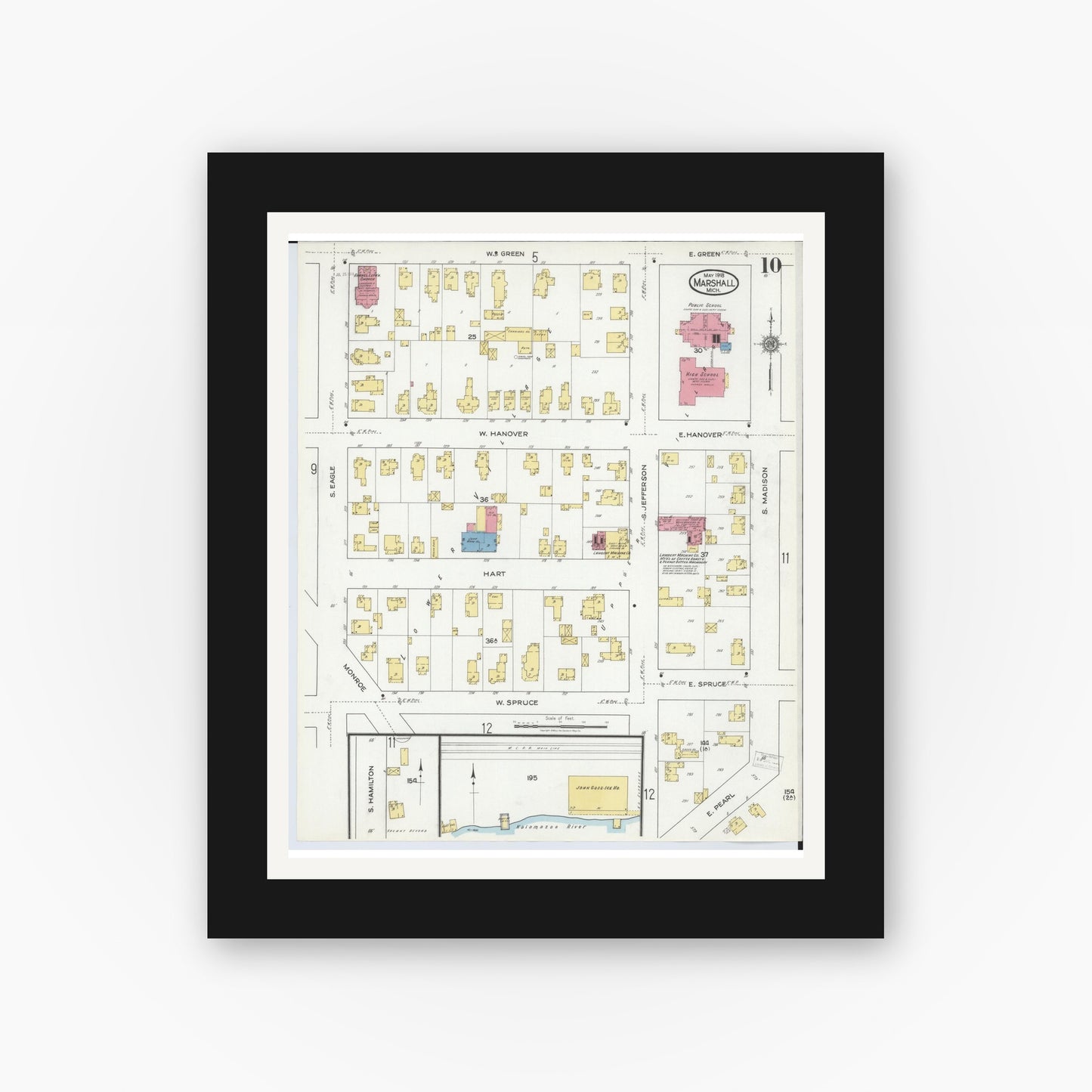 Old map wall art mockup — black gallery frame with white mat — Sanborn Fire Insurance Map from Marshall, Calhoun County, Michigan (1916), Sheet #0010