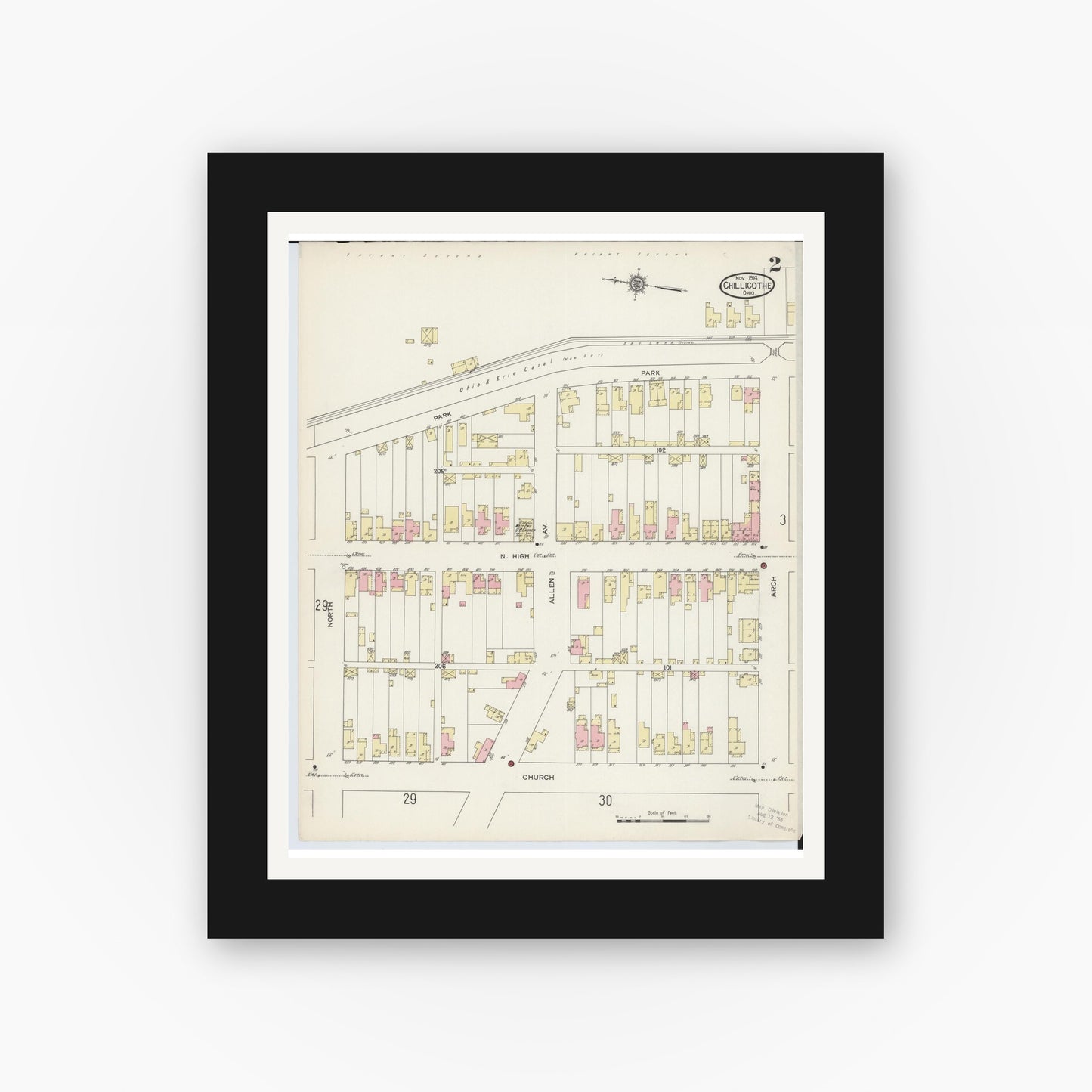 Old map wall art mockup — black gallery frame with white mat — Sanborn Fire Insurance Map from Chillicothe, Ross County, Ohio (1914), Sheet #0002
