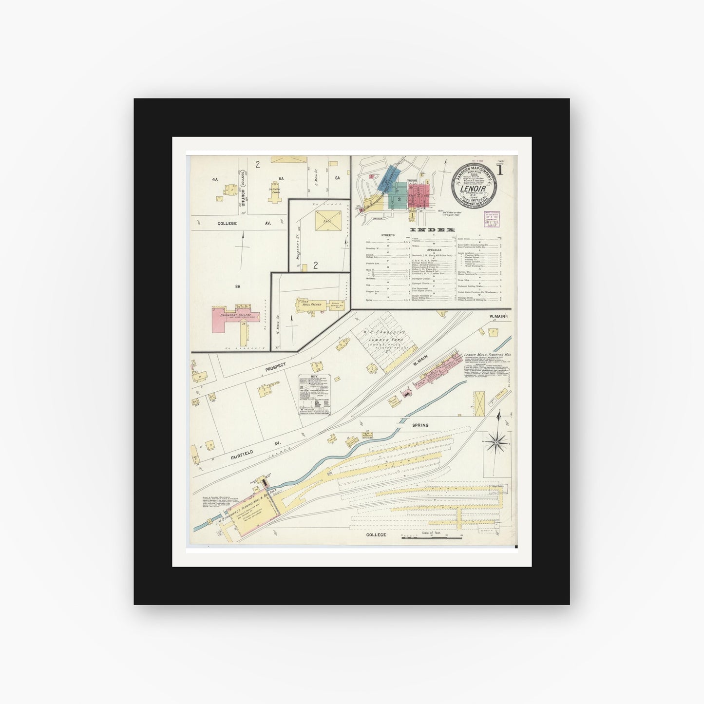 Old map wall art mockup — black gallery frame with white mat — Sanborn Fire Insurance Map from Lenoir, Caldwell County, North Carolina (1907), Sheet #0001