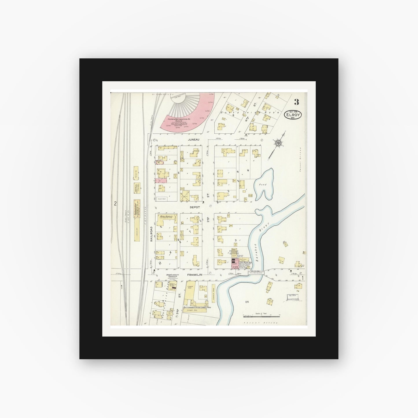Old map wall art mockup — black gallery frame with white mat — Sanborn Fire Insurance Map from Elroy, Juneau County, Wisconsin (1914), Sheet #0003