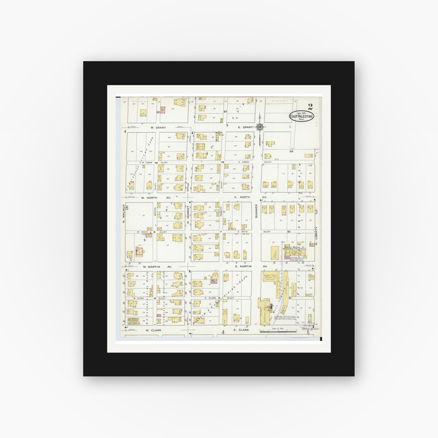 Old map wall art mockup — black gallery frame with white mat — Sanborn Fire Insurance Map from East Palestine, Columbiana County, Ohio (1915), Sheet #0002