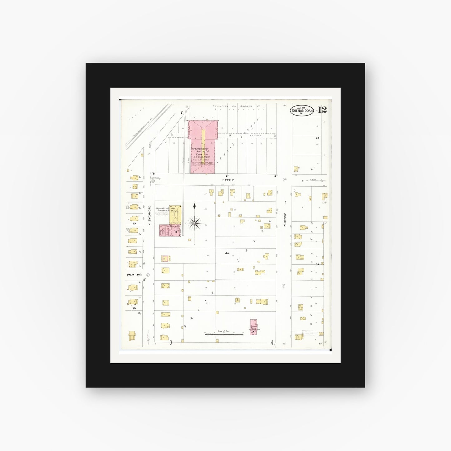 Old map wall art mockup β black gallery frame with white mat β Sanborn Fire Insurance Map from Shenandoah, Page County, Iowa (1909), Sheet #0012