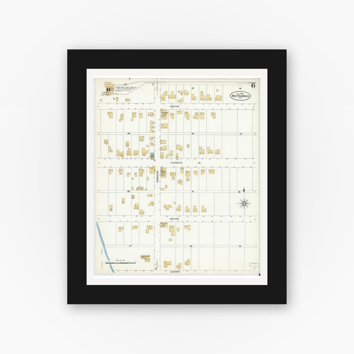 Old map wall art mockup — black gallery frame with white mat — Sanborn Fire Insurance Map from West Palm Beach, Dade County, Florida (1908), Sheet #0006