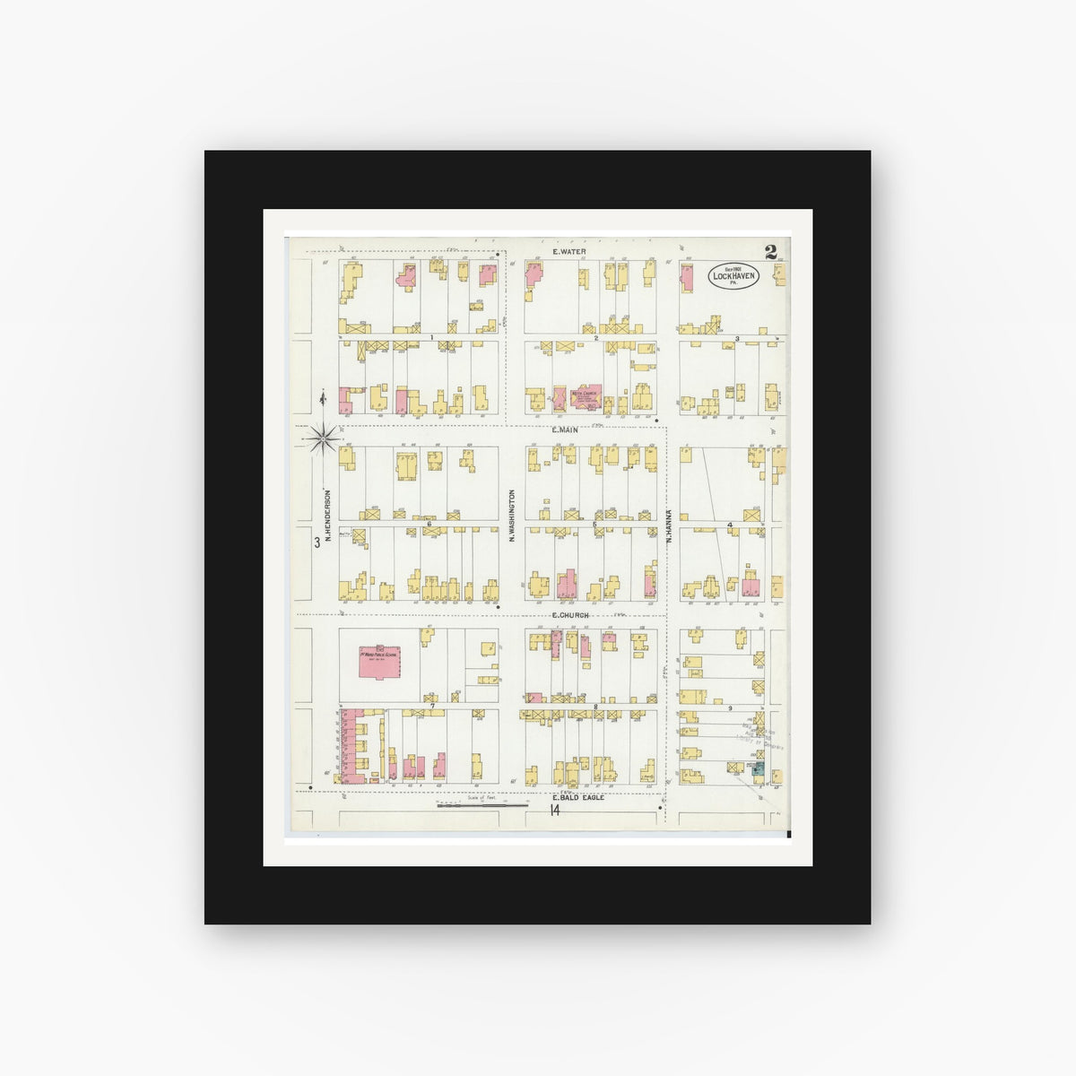 Old map wall art mockup — black gallery frame with white mat — Sanborn Fire Insurance Map from Lock Haven, Clinton County, Pennsylvania (1901), Sheet #0002