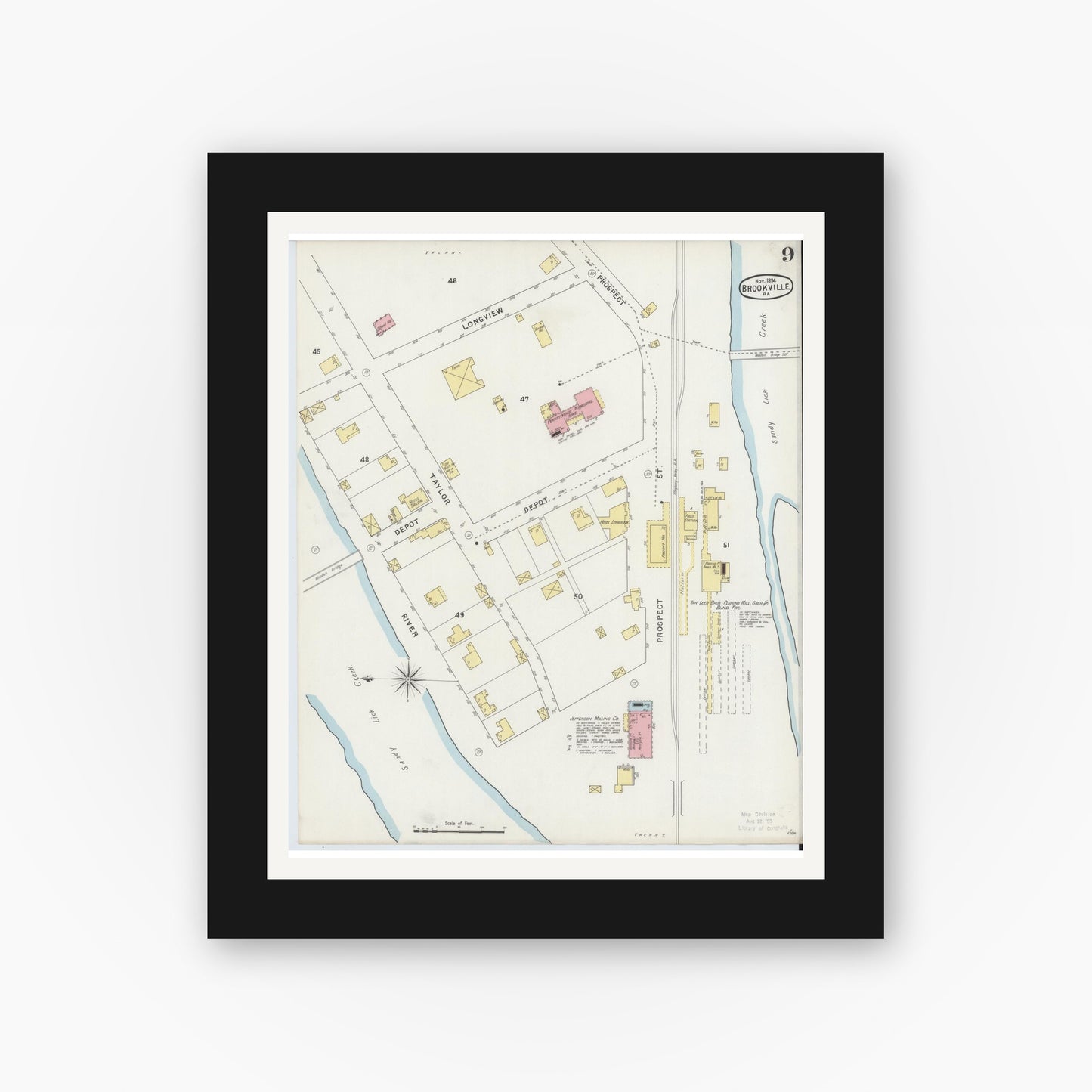 Old map wall art mockup — black gallery frame with white mat — Sanborn Fire Insurance Map from Brookville, Jefferson County, Pennsylvania (1894), Sheet #0009