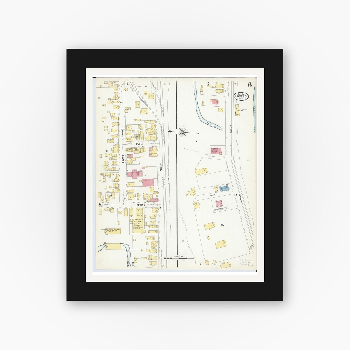 Old map wall art mockup — black gallery frame with white mat — Sanborn Fire Insurance Map from Pomeroy, Meigs County, Ohio (1908), Sheet #0006