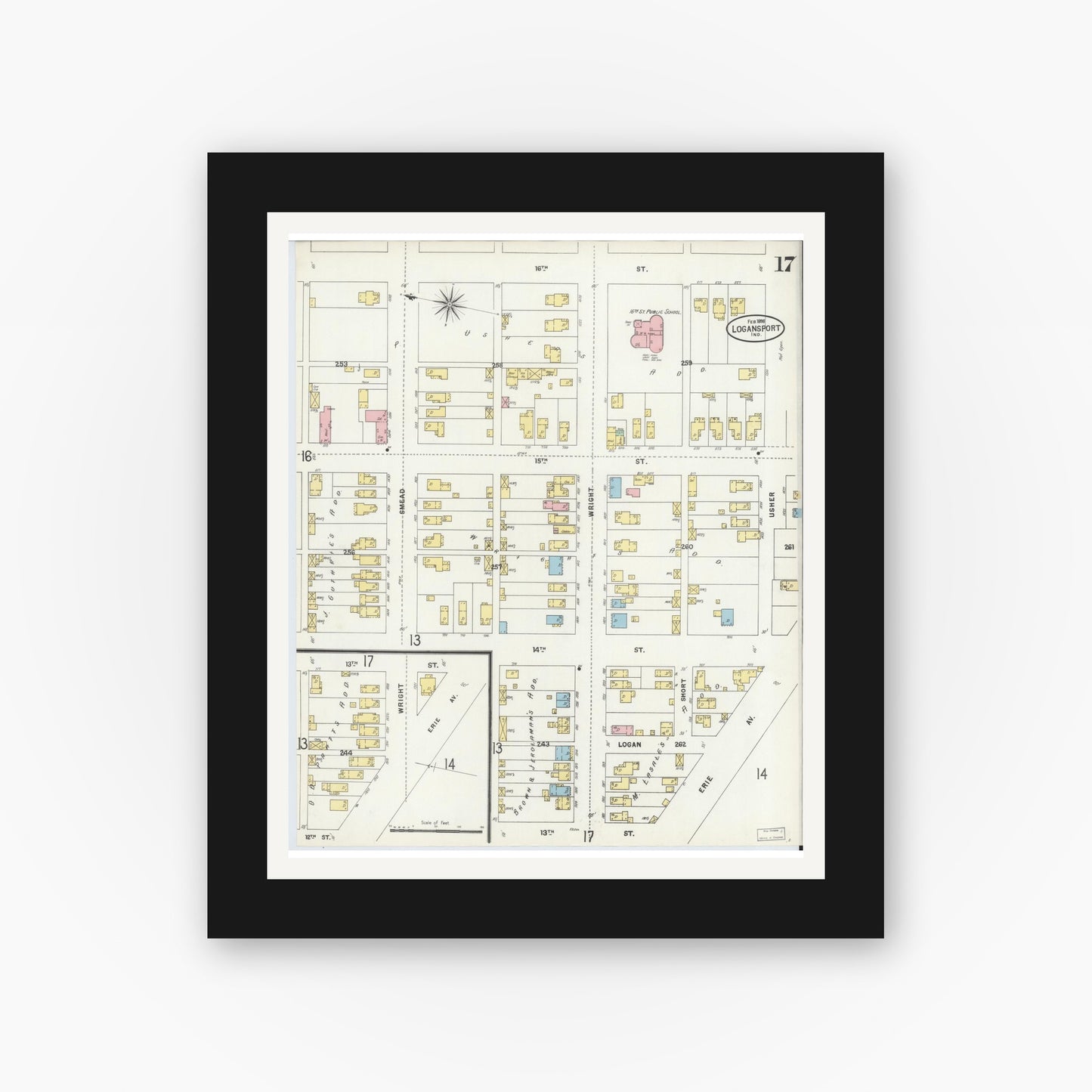 Old map wall art mockup — black gallery frame with white mat — Sanborn Fire Insurance Map from Logansport, Cass County, Indiana (1898), Sheet #0017