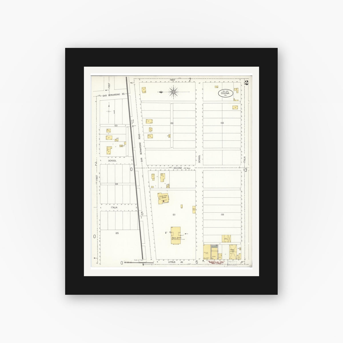 Old map wall art mockup — black gallery frame with white mat — Sanborn Fire Insurance Map from Covina, Los Angeles County, California (1906), Sheet #0002