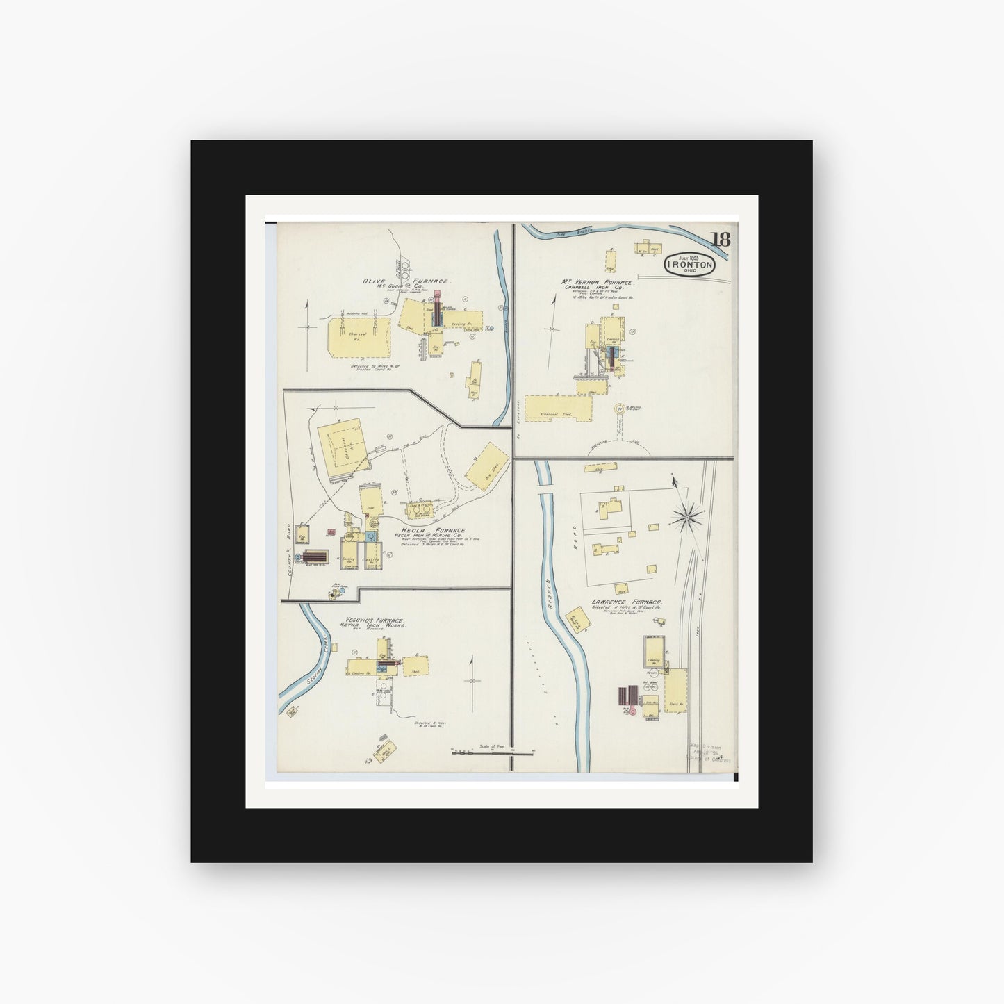 Old map wall art mockup — black gallery frame with white mat — Sanborn Fire Insurance Map from Ironton, Lawrence County, Ohio (1893), Sheet #0018