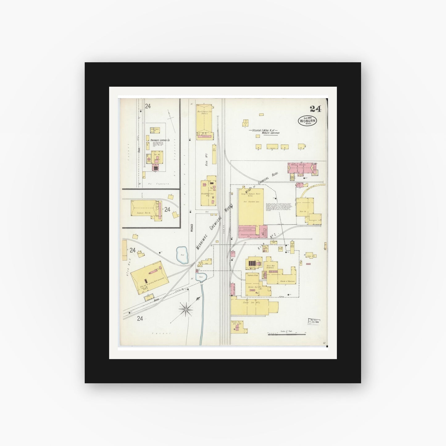 Old map wall art mockup — black gallery frame with white mat — Sanborn Fire Insurance Map from Woburn, Middlesex County, Massachusetts (1899), Sheet #0024