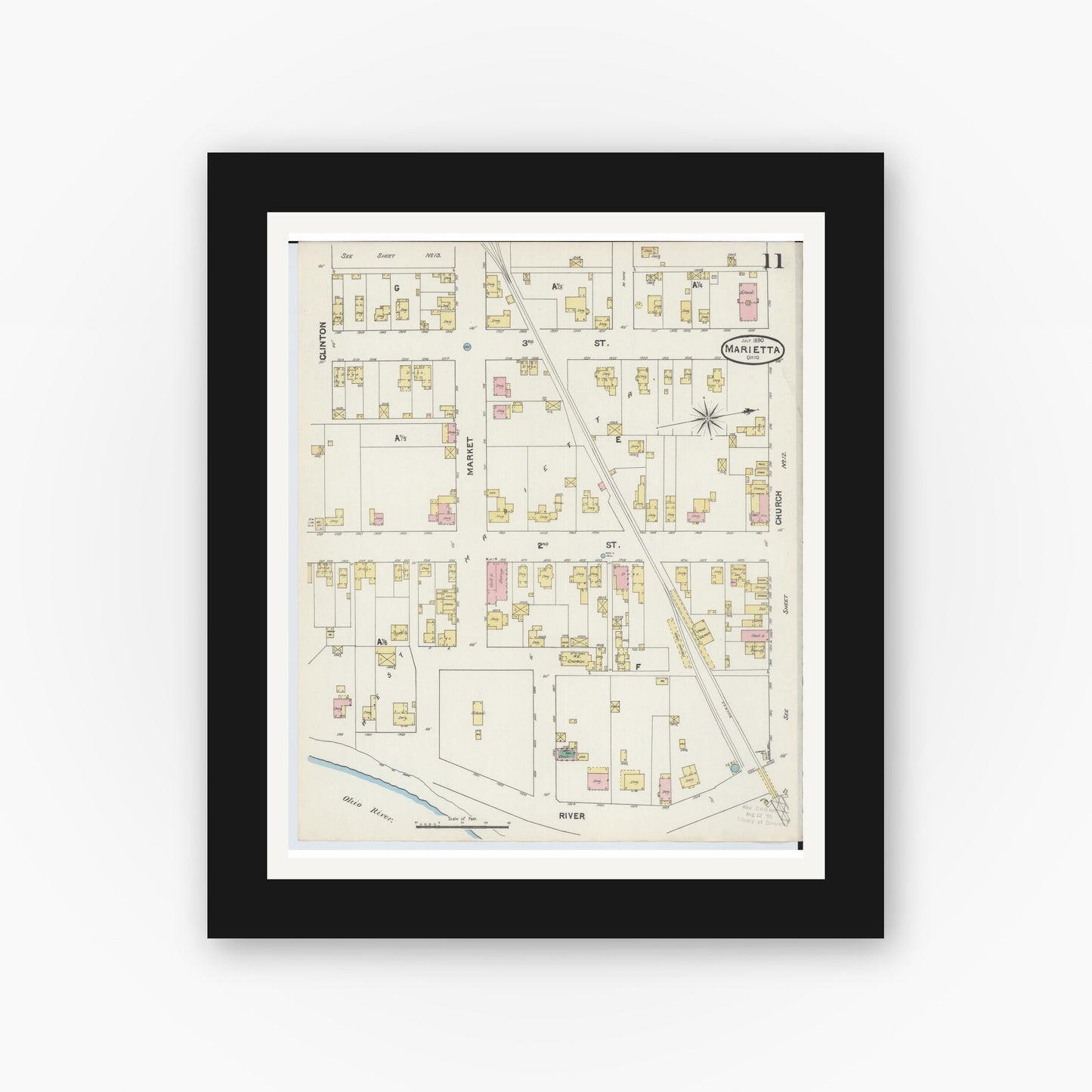 Old map wall art mockup — black gallery frame with white mat — Sanborn Fire Insurance Map from Marietta, Washington County, Ohio (1890), Sheet #0011