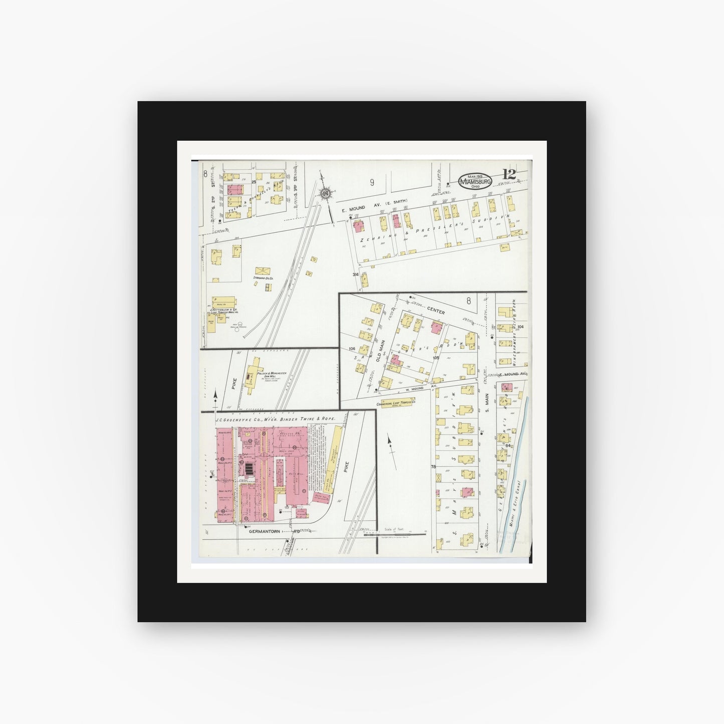 Old map wall art mockup — black gallery frame with white mat — Sanborn Fire Insurance Map from Miamisburg, Montgomery County, Ohio (1919), Sheet #0012