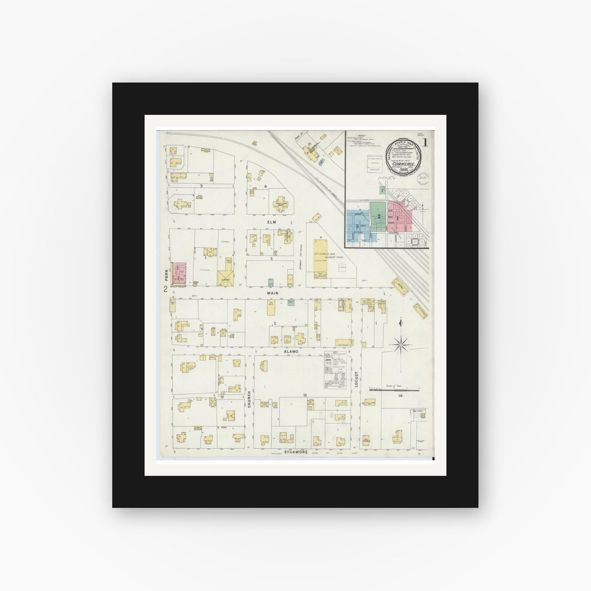 Old map wall art mockup — black gallery frame with white mat — Sanborn Fire Insurance Map from Commerce, Hunt County, Texas (1896) - Complete Map Set