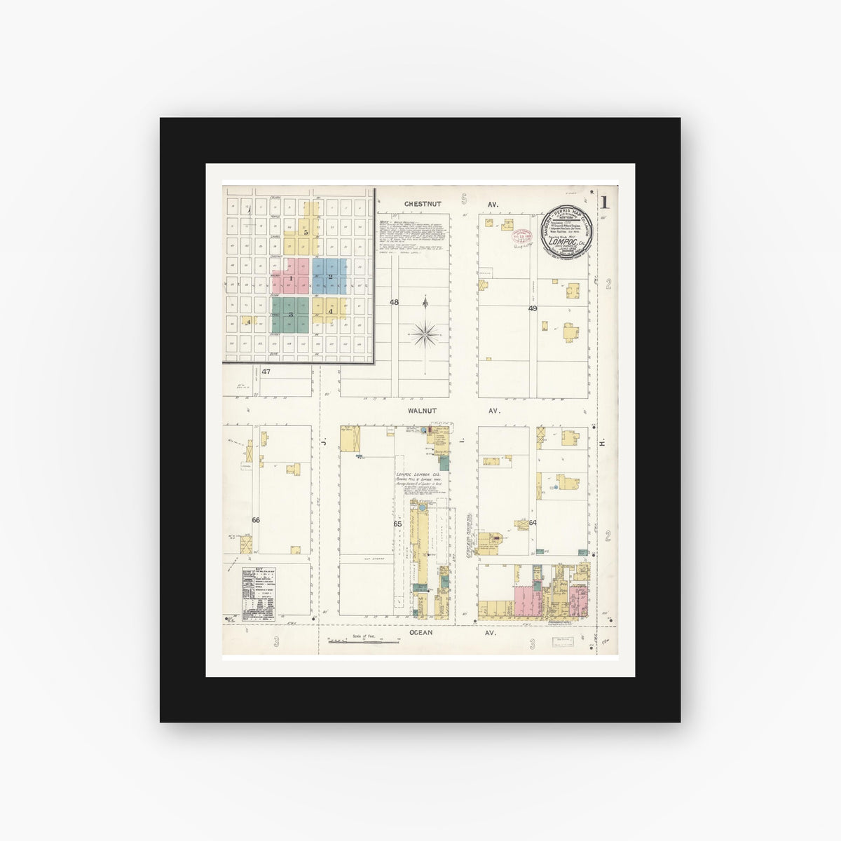 Old map wall art mockup — black gallery frame with white mat — Sanborn Fire Insurance Map from Lompoc, Santa Barbara County, California (1895) - Complete Map Set